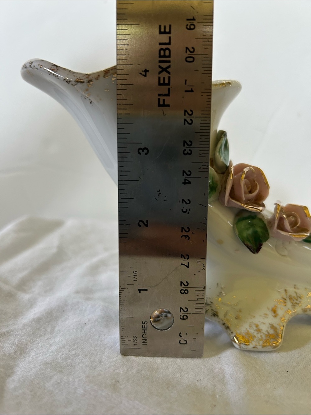 Porcelain White Cornucopia Vase with Pink Rose Accents - Picture 10 of 11